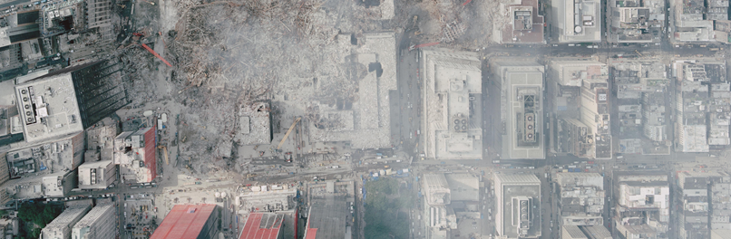 An aerial view of Ground Zero and the toxic dust cloud