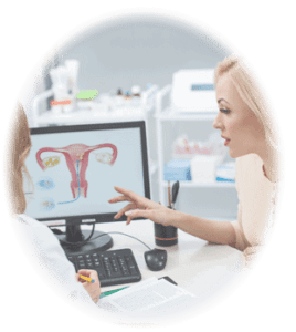 A doctor shows on a diagram how Essure works in the female reproductive system