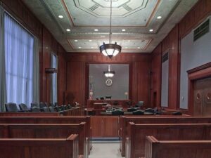 A courtroom in which a litigation lawyer would operate